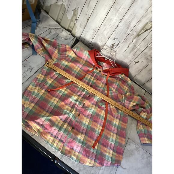 Blakeley Plaid Hoodie Multicolor Button Front Drawstring Hood Holiday Shacket - Picture 3 of 4